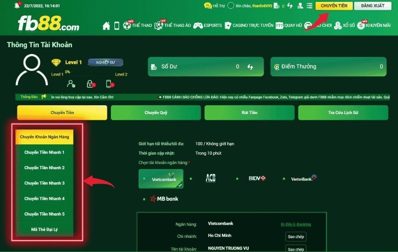 Deposit and withdraw in FB88